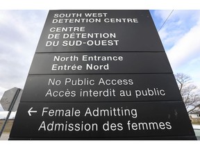 A sign in front of the South West Detention Centre in Windsor is shown on March 20, 2020. The Ministry of the Solicitor General sent a memo to staff at the facility that a contractor who did work there recently tested positive for the COVID-19 virus.