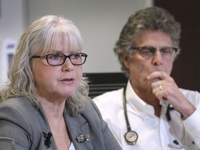 Janice Kaffer, President and CEO of Hotel-Dieu Grace Healthcare, left, and Dr. Jeff Cohen, program medical director of rehab care are shown during a press conference on Thursday, March 12, 2020 where reporters were told a physician that works within the organization has developed symptoms that are similar to COVID-19.