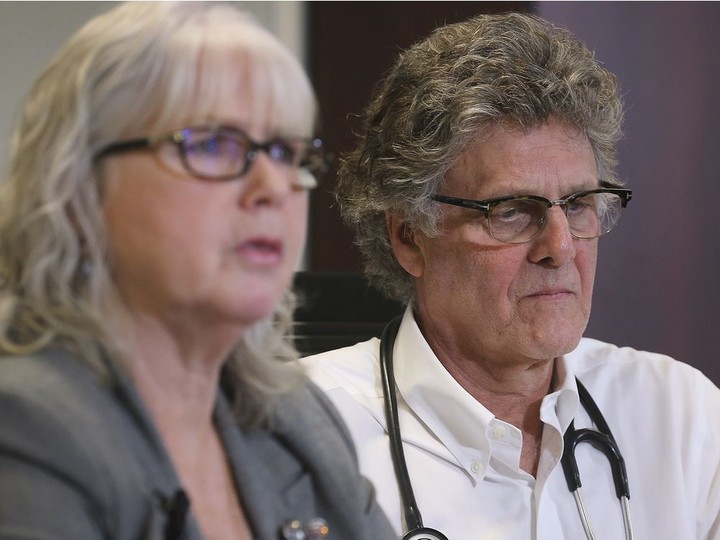  Janice Kaffer, President and CEO of Hotel-Dieu Grace Healthcare, left, and Dr. Jeff Cohen, program medical director of rehab care are shown during a press conference on Thursday, March 12, 2020 where reporters were told a physician that works within the organization has developed symptoms that are similar to COVID-19.