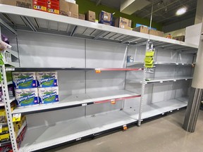 Empty toilet paper shelves at the FreschCo supermarket in Windsor's east end on March 13, 2020.