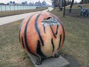 'Tiger' - an artwork of the Windsor Sculpture Park - is missing its bronze head. Windsor police are asking the public for information about the vandalism. Photographed March 10, 2020.