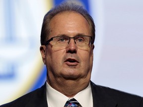 In this July 22, 2019, file photo, United Auto Workers president Gary Jones delivers remarks at a convention in Detroi.