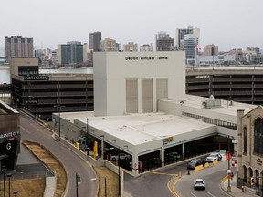 The entrance of the international border crossing Detroit-Windsor Tunnel, which connects with Windsor, Ontario in Canada, is seen in downtown Detroit, Michigan, U.S., March 16, 2020.