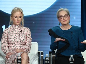 In this Feb. 8, 2019, file photo, Nicole Kidman (L) and Meryl Streep appear onstage during the HBO segment of the 2019 Winter Television Critics Association Press Tour for "Big Little Lies" at The Langham Huntington, Pasadena in Pasadena, Calif.