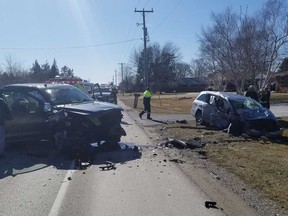 The aftermath of a head-on collision between two vehicles that happened on County Road 34 between Leamington and Wheatley on March 7, 2020.