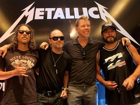 Kirk Hammett (L), Lars Ulrich (CL), James Hetfield (CR) and Robert Trujillo (R) from Metallica at the F1 Rocks India Metallica concert press conference on Oct. 28, 2011, in Delhi, India.