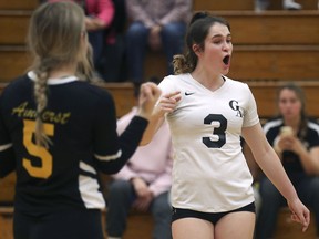 General Amherst's Brynlee Ammonite, left, and Abby Orchard celebrate a point against Widdifield high school at the OFSAA girls' AA volleyball championship on March 11, 2020. That was the last high school event locally before the COVID-19 pandemic hit.