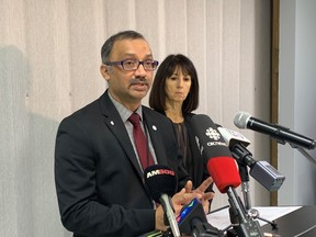 Dr. Wajid Ahmed, Medical Officer of Health with the Windsor-Essex County Health Unit, and Theresa Marentette, CEO of the WECHU, update media on the local COVID-19 situation on March 17, 2020.