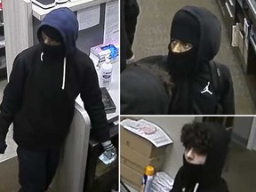 Security camera images of three masked males who robbed a pharmacy on Talbot Street East in Leamington on the night of March 27, 2020.