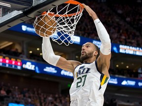 Utah Jazz centre Rudy Gobert (27) dunks the ball against the Washington Wizards at Vivint Smart Home Arena. (Russell Isabella-USA TODAY Sports)