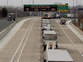 The car and RV lane approaching the Blue Water Bridge was empty shortly after the federal government's decision to close the Canada/U.S. border to non-essential traffic on Wednesday March 18, 2020 in Sarnia, Ont. (Terry Bridge/Sarnia Observer)