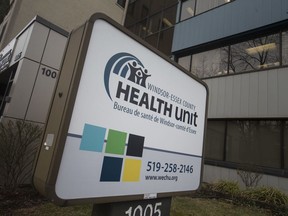 The sign at the offices of the Windsor-Essex County Health Unit on Ouellette Avenue on March 19, 2020.