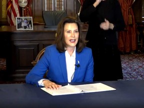 Michigan state governor Gretchen Whitmer during an announcement from her office on March 23, 2020.