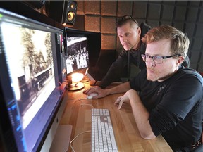 Nick Shields, left, co-owner of Suede Productions and editor Mike Evans work on a documentary project about Willistead Manor on Thursday, March 5, 2020 at their Windsor, ON. office.