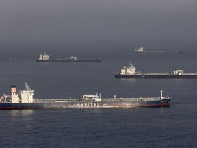 An aerial view of oil tankers anchored near the ports of Long Beach and Los Angeles amid the coronavirus pandemic on April 28, 2020, off the coast of California. Around three dozen oil tankers are currently anchored off the California coast as the spread of COVID-19 impacts global demand for crude oil.