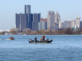 Anglers on the Detroit River on April 3, 2020.