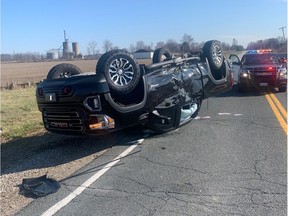The scene of a two-vehicle rollover collision at the intersection of Malden Road and Highway 3 is seen in these photos from the Tecumseh OPP on Thursday, April 9, 2020.