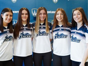The University of Windsor Lancers women's soccer recruiting class for 2020-21 features (from left) Alicia Nikolasevic, Emma Beaulieu, Brooke MacLeod, Marissa Lefebvre and Andrea Rivait.