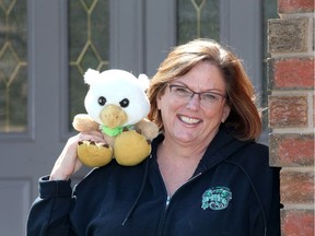Windsor, Ontario. April 21, 2020.  A.V. Graham principal Susan Moroz with Griffy.  See story by Mary Caton.