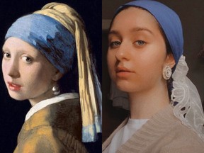 Masterpiece selfie. For art class, Catholic Central Grade 9 student Isabella Banyimin re-created Johannes Vermeer's classic artwork Girl with the Pearl Earring, photographing herself next to it on April 29, 2020, with a camera self-timer.