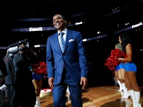 Former Detroit Piston Isiah Thomas take the floor for a halftime ceremony at the final NBA game at the Palace of Auburn Hills between the Detroit Pistons and Washington Wizards on April 10, 2017 in Auburn Hills, Michigan.