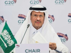 A handout photo released by the Saudi Energy Ministry on April 10, 2020 shows Saudi Arabia's Energy Minister Abdulaziz bin Salman chairing a virtual extraordinary meeting of G20 Oil ministers, in the capital Riyadh.