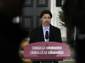 Prime Minister Justin Trudeau speaks during his daily press conference on COVID-19, in front of his residence at Rideau Cottage in Ottawa, on Sunday, April 19, 2020.