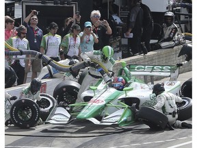 IndyCar series driver Colton Herta hits the pits during the Detroit Grand Prix on June 2, 2019, at the Belle Isle Park in Detroit, MI.