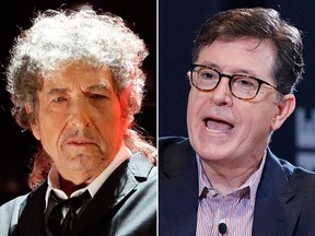 Bob Dylan (L) and Stephen Colbert are seen in this combination shot.