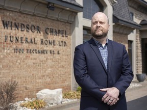 Grief in a time of pandemic. Scott Lockwood, CEO of Windsor Chapel Funeral Home, is shown outside his Tecumseh Road East location, Monday, April 6, 2020.