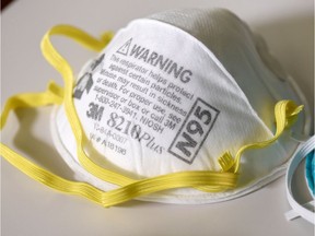 An N95 respiration mask is shown at a laboratory of 3M on March 4, 2020.