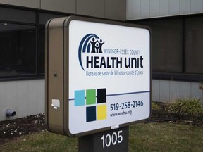 The sign outside the Windsor-Essex County Health Unit offices on Ouellette Avenue.