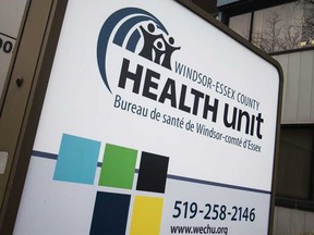 The sign outside the Windsor-Essex County Health Unit offices on Ouellette Avenue on March 19, 2020.