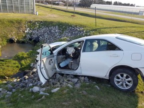 One of two vehicles involved in a collision at County Road 31 and County Road 18 near Leamington on the morning of April 15, 2020.
