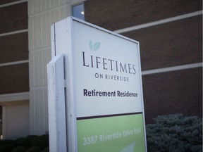 A sign at Windsor retirement home Lifetimes On Riverside, photographed April 2, 2020.