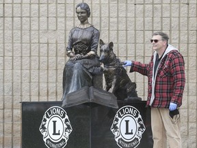 The Windsor Downtown Lions Club unveiled a statue by local artist Mark Williams of Helen Keller with a leader dog, to mark the local club's 100th anniversary. The statue is located at Lions Manor at Strabane and Riverside Dr. E. on Friday, April 24, 2020. The unveiling coincides with the club's 100th anniversary. Dave Balmos, chair of the organizing committee for the project poses next to the statue.