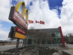 The exterior of the McDonald's restaurant on Dougall Avenue in Windsor, is shown on Friday, April 10, 2020. It was temporarily shut down after an employee tested positive for COVID-19.