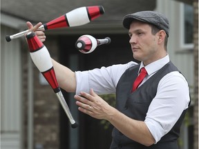 Professional busker Jason Henderson (Kobbler Jay) displays his skills at his LaSalle home on Saturday, April 25, 2020. Over the weekend, he participated in a 24-hour online buskers event he helped organize.
