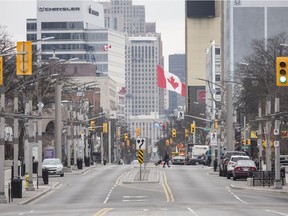 An empty Ouellette Avenue in downtown Windsor is shown March 17, 2020, at noon on a workday during the COVID-19 pandemic.
