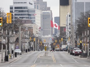Traffic is minimal around noon along Ouellette Avenue downtown on March 17, 2020, as the COVID-19 pandemic continues.