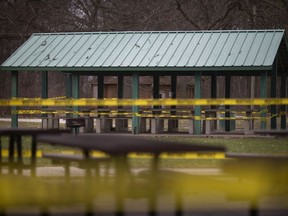 A taped up recreational facility at Optimist Memorial Park is seen Tuesday, March 31, 2020, as the COVID-19 pandemic continues.