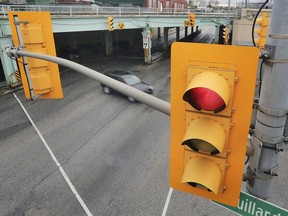 Traffic lights are shown at the intersection of Wyandotte and Drouillard in Windsor on Thursday, April 30, 2020.