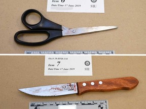 Images of the bloody pair of scissors and kitchen knife that a Tecumseh man was armed with before OPP fatally shot him on the night of June 14, 2019.