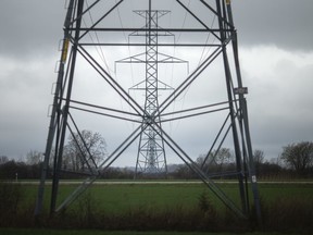 Transmission lines are pictured in the town of Tecumseh, Thursday, April 30, 2020.