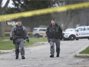 Windsor police officers at the scene of a stabbing in the 2400 block of Westminster Boulevard on April 15, 2020.