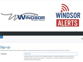 The home page of a new alert system to notify Windsor residents of emergency situations, called Windsor Alerts, is seen Friday, April 3, 2020.