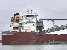 The Canada Steamship Lines lake freighter Baie Comeau loads up at the Windsor Salt Mine in Windsor, ON. on Wednesday, April 22, 2020.