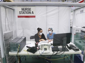 A nursing station at the Windsor Regional Hospital's field hospital at the St. Clair College SportsPlex is shown on Friday, April 17, 2020.