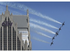 The United States Navy Flight Demonstration Squadron Blue Angels fly over Detroit on Tuesday, May 12, 2020 to thank front-line workers during the COVID-19 pandemic.