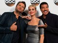 (L-R) Luke Bryan, Katy Perry and Lionel Richie attend the Disney ABC Television TCA Winter Press Tour on Jan. 8, 2018, in Pasadena, Calif.